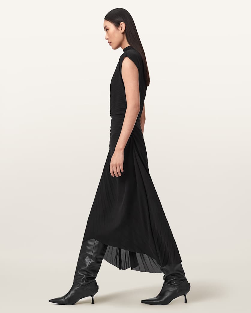 Rayanna Pleated Midi Dress Black | ALLSAINTS Canada